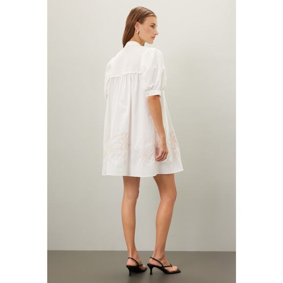 HOFFMAN COPENHAGEN White 100% Cotton Floral Embroidery Smocked Mini Dress 34 - Picture 2 of 13